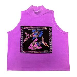 Vintage 80s Eyeshadow Koi Fish Graphic Mock Neck Tank Top Made in USA L